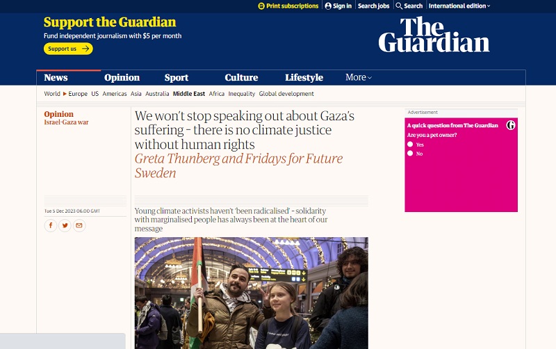 مقال ناشطة سويدية في الجارديان: لن نوقف الحديث عن معاناة غزة.. فلا عدالة مناخية بدون حقوق الإنسان