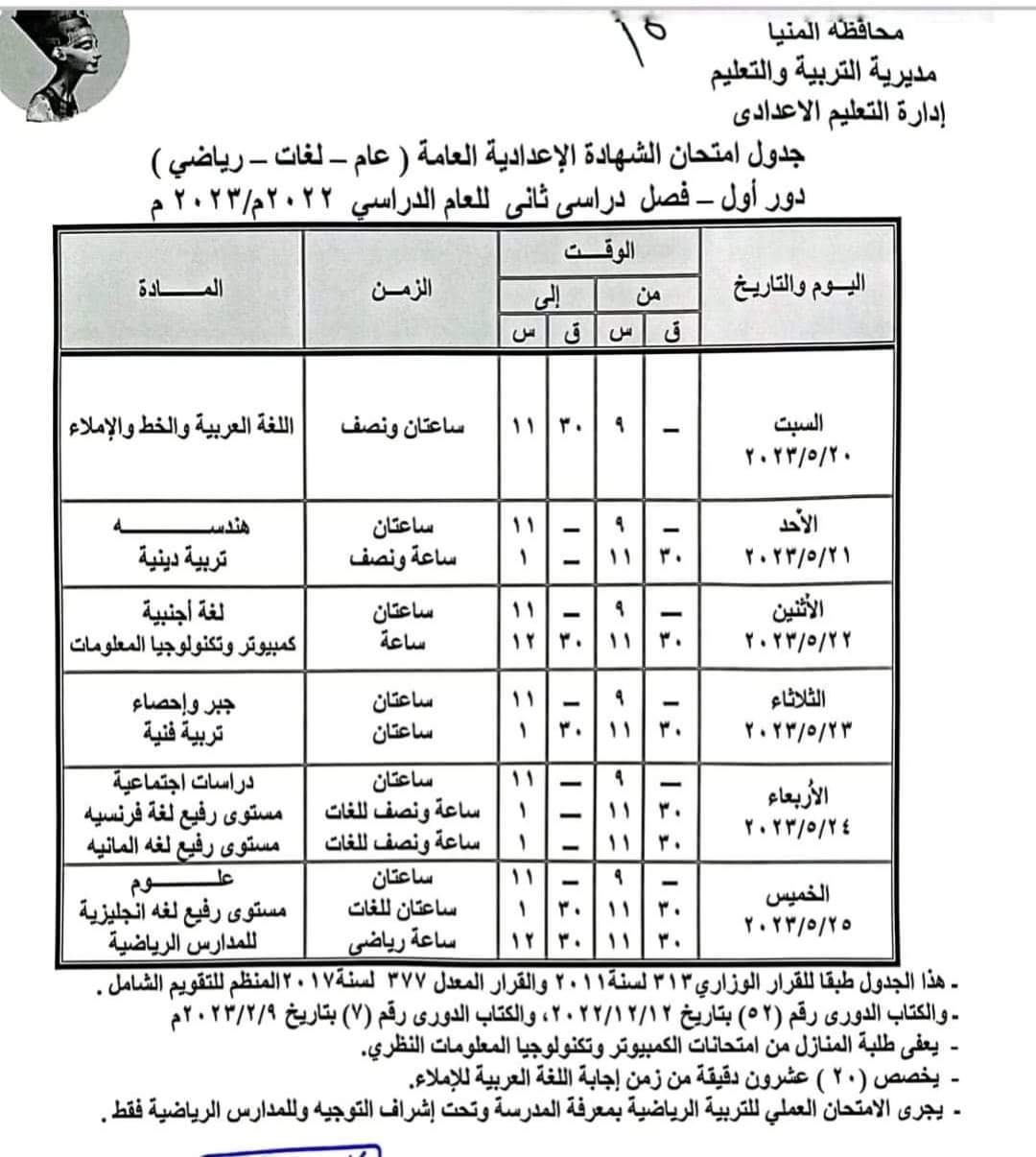 انتظام امتحانات الشهادة الإعدادية في 413 لجنة بمراكز المنيا